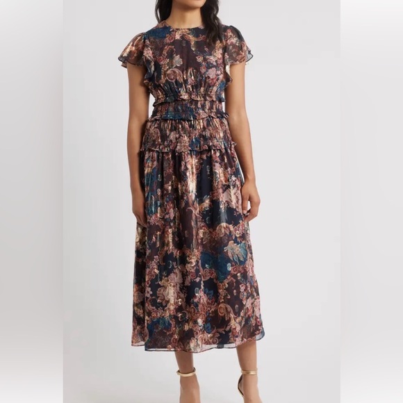 Eliza J Dresses & Skirts - Eliza J. Women's Blue Metallic Floral Flutter Sleeve Midi Dress Size 2